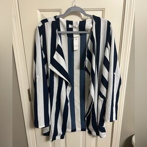 Elodie Open Front Navy & White Stripe Roll Tab Sleeve Blazer Large NWT